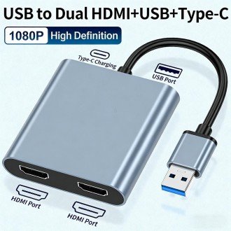 USB 3.0 į dvigubą HDMI adapteris, 4K 30 Hz, pilkas